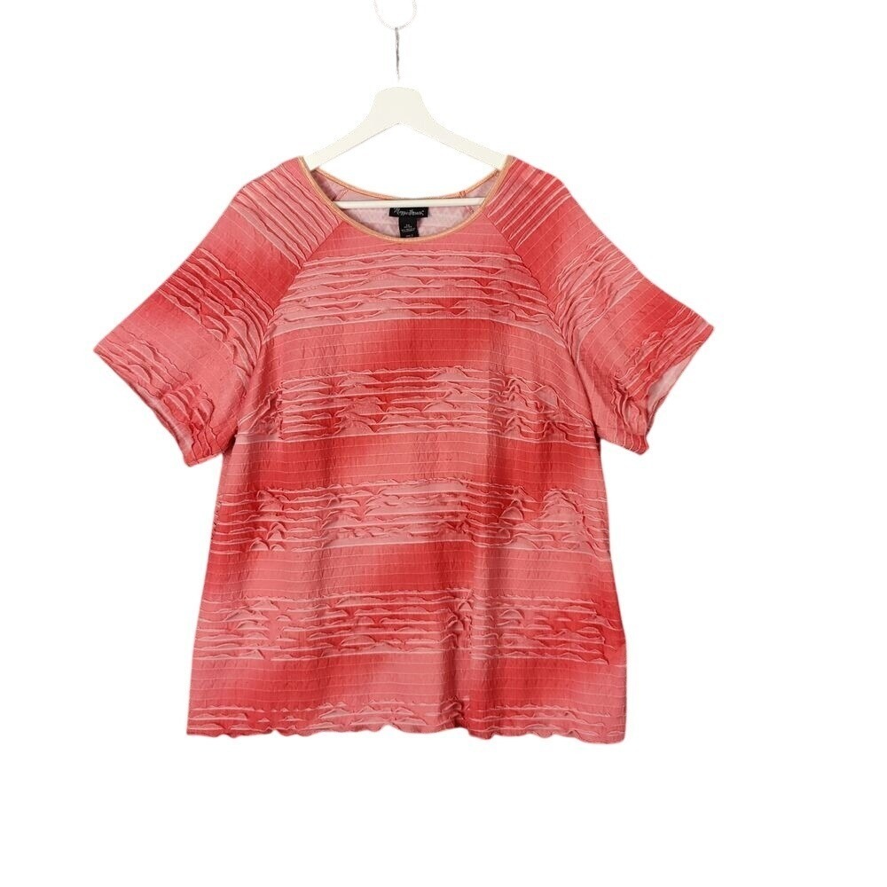 Maggie Barnes Women Textured Ruffle Ombre Short Sleeve Top 2X Coral Pink Blouse